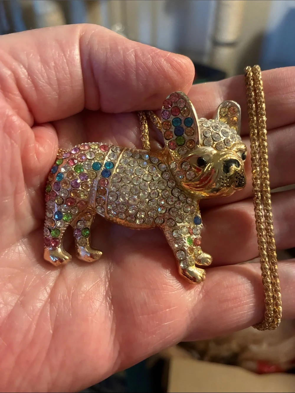 Gold-tone Crystal French Bulldog Pendant Necklace - Multicolor Rhinestones